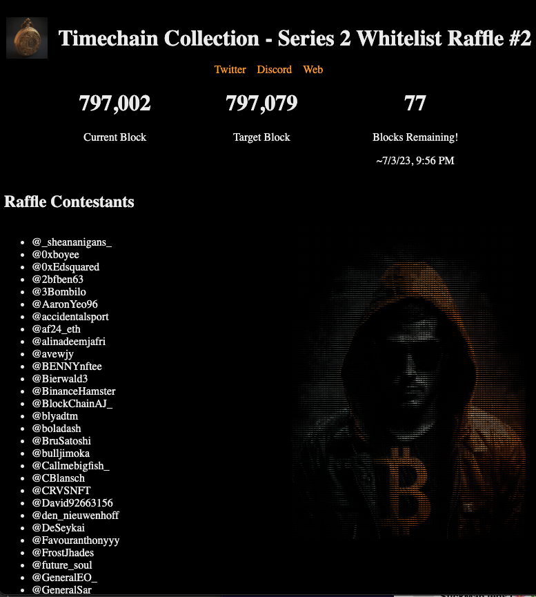 timechainord's tweet photo. Our 2nd on-chain recursive raffle for a #TimechainSeries2 whitelist spot is live! Thanks again to all of the lore contest entrants! Clocks out! ๐ฐ๏ธ
https://t.co/thMxPwM0Ed https://t.co/le8JEyKopM