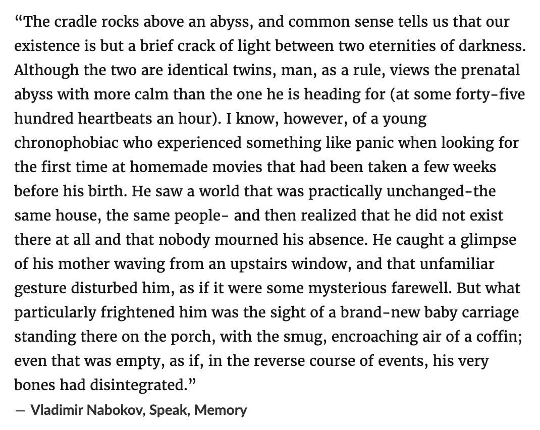 TomasIsMe's tweet photo. Arguably my favorite opening to any book is by Nabokov. From his memoir "Speak, Memory" https://t.co/VVfjRGTe0y