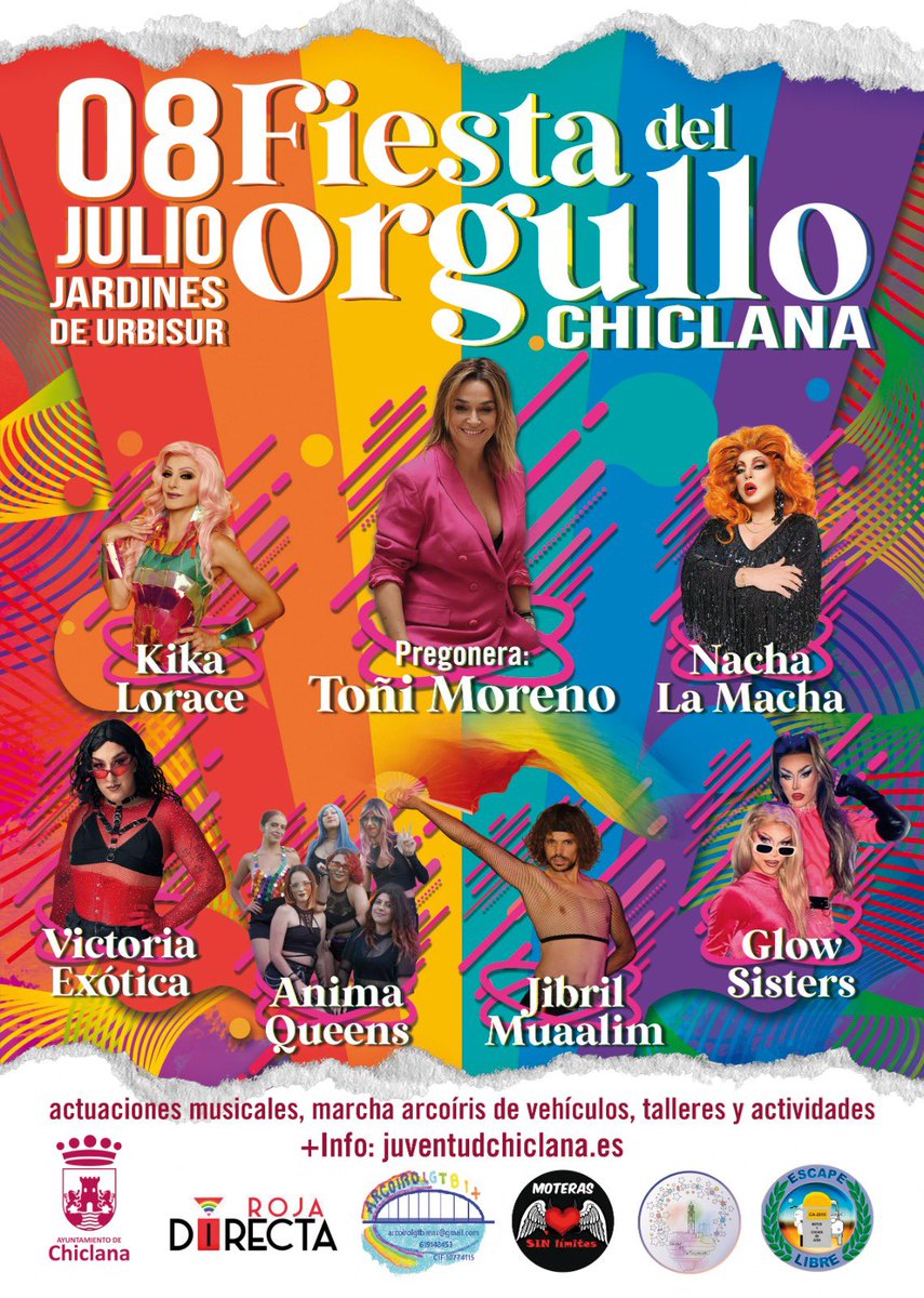 NachaLaMacha's tweet photo. Este Sábado vuelvo a #chiclanadelsfrontera
A partir de las 22:00 con una pregonera de lujo @tmorenomorales
¡Nos vemos alli!
#fiestadelorgullo #nachalamacha #nachalamachaenconcierto #pride #pridemonth #loveislove https://t.co/SQNJTyOcdP