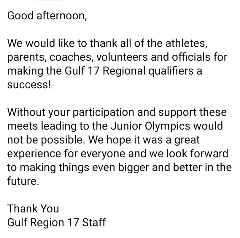 From the Sports Director! 

#txgulfaautf #region17  #aautrackandfield #aausports #aaujuniorolympics #juniorolympics