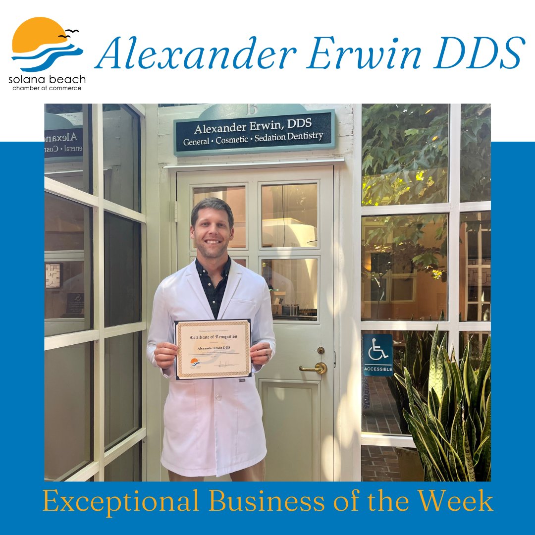 SolanaChamber's tweet photo. The Solana Beach Chamber of Commerce would like to congratulate Alexander Erwin DDS for being our exceptional Business this week!

#exceptional #solanabeach #chamber https://t.co/azRhdhSOL5