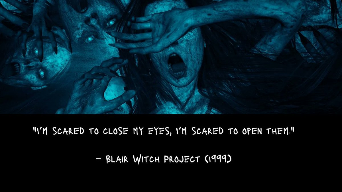 CaseyBurrin's tweet photo. ⛰️ Today's horror quote of the day takes us deep into the heart of darkness with the "Blair Witch Project" as the woods became a malevolent labyrinth, trapping them in a maze of terror without escape.' 🌳😨 #HorrorQuoteOfTheDay #InescapableHorror https://t.co/NYBk7ElZ1i