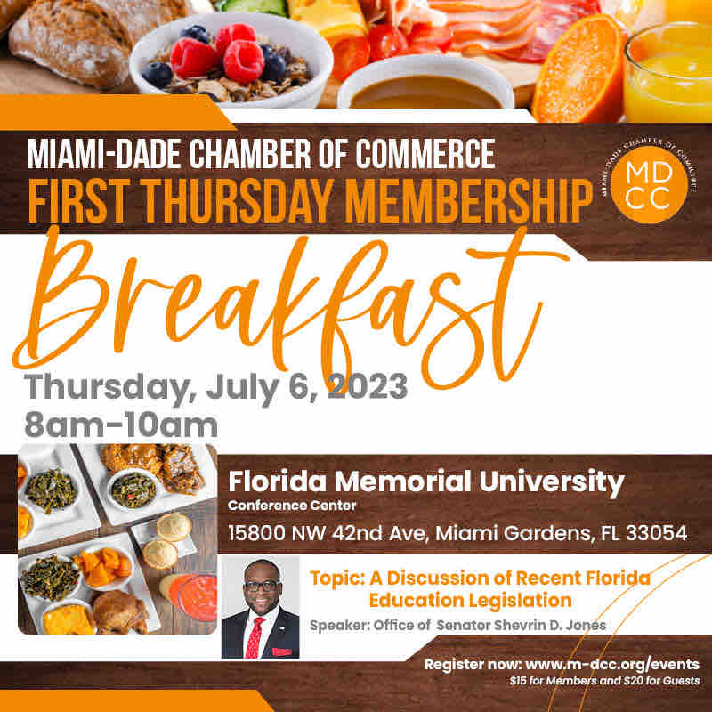Join us for our First Thursday Membership Breakfast. Each One brings One!

Thursday, July 6, 2023 | 8 am - 10 am
Florida Memorial University
Conference Center 

To register, Click on “Events” at m-dcc.org 
#MDCC