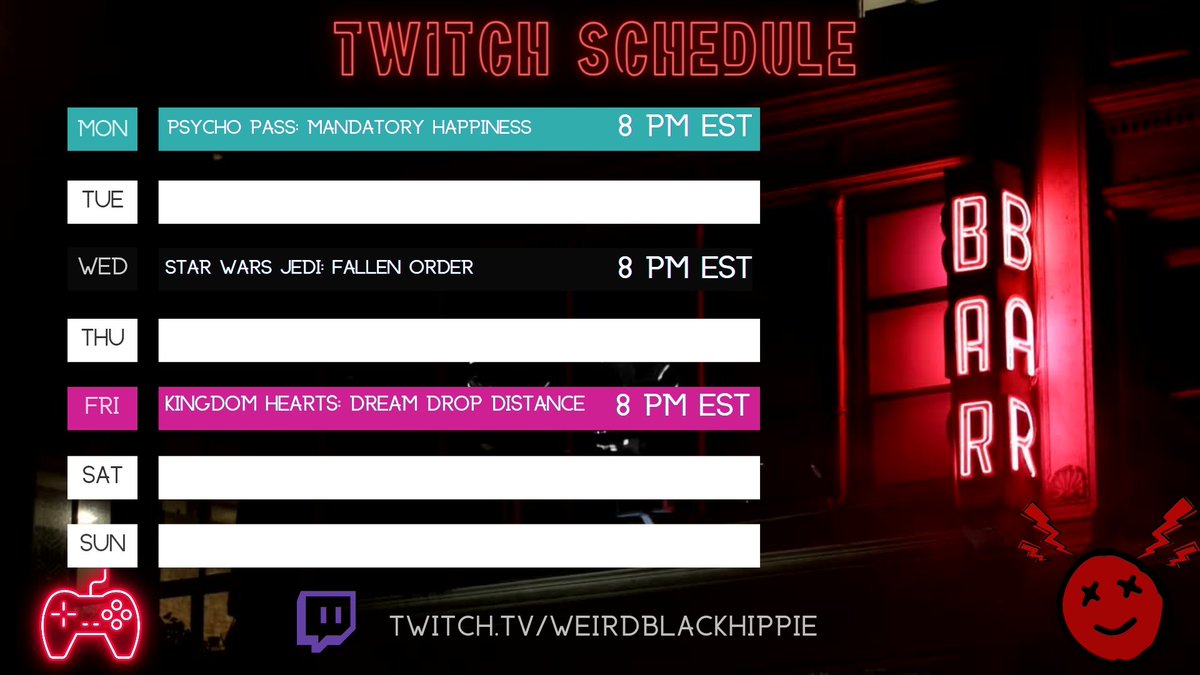 New Twitch Schedule for the Week:

- ANI-MONDAY with Psycho-Pass: Mandatory Happiness (Finale)

- Wild Card Wednesday with Star Wars Jedi: Fallen Order 

- Kingdom Hearts Friday with Kingdom Hearts: Dream Drop Distance
https://t.co/vHOjaGpXJB https://t.co/O32cFAfMVq