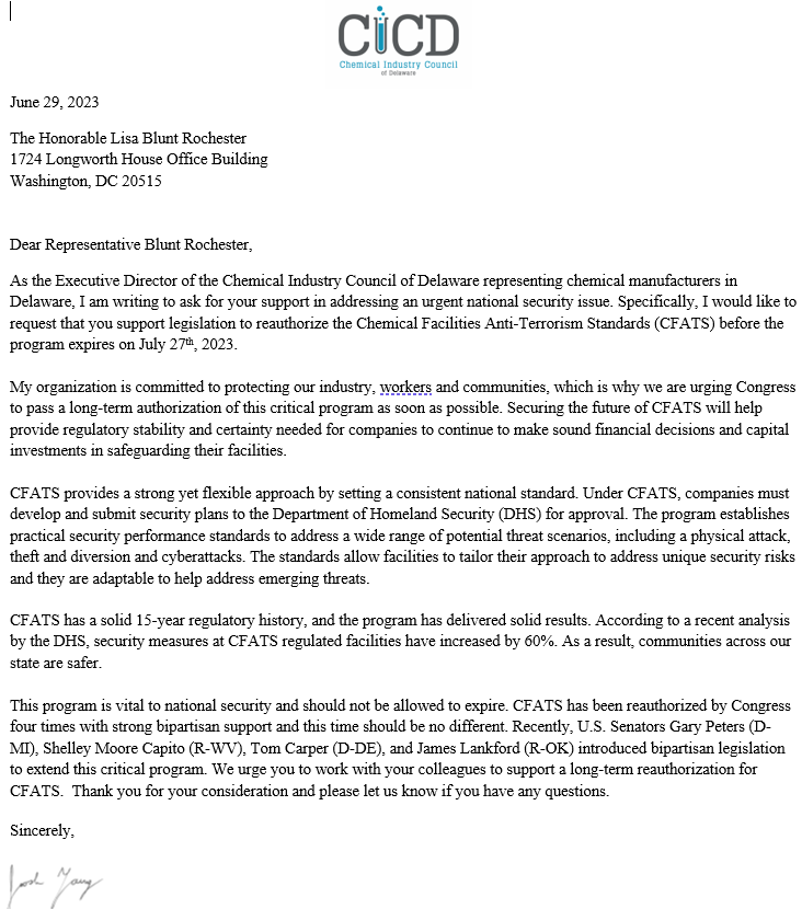 DEChemCouncil's tweet photo. We wrote a letter to the Delaware Congressional delegation asking their support in reauthorizing #CFATS-  a critical #NatSec program that DE's 5,400 chemical industry employees rely on. Thank you to @SenatorCarper for introducing legislation to address its upcoming expiration. https://t.co/MqyGUaDkzj