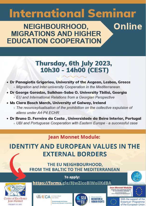 D_intCADIZ's tweet photo. JEAN MONNET MODULE - EUBALMED 
📢INTERNATIONAL SEMINAR “NEIGHBOURHOOD, MIGRATIONS AND HIGHER EDUCATION COOPERATION”
🗓️6 July 2023 
📝Registration: https://t.co/YszdmzmiFT 
ℹ️ Info: https://t.co/MU7dR6ZlB5 https://t.co/q1lhRVSoRK