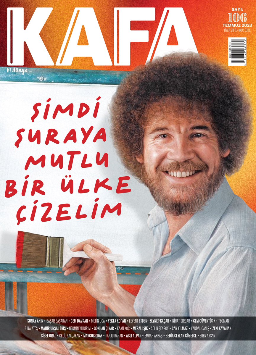 kafadergisi's tweet photo. ŞİMDİ ŞURAYA MUTLU BİR ÜLKE ÇİZELİM

#Temmuz sayısı evimizin mutlu ressamı #BobRoss kapağıyla çıktı🧑‍🎨
Tüm Türkiye’de raflarda!

Kapak: @haknarslan https://t.co/KHn6nqmyot