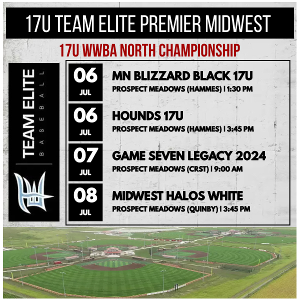 17U Team Elite Premier (@17u_team_elite) on Twitter photo The squad is heading down to Iowa (<a href="/IowaPG/">Perfect Game Iowa</a>) for the 17U WWBA North Championship <a href="/ProspectMeadows/">Prospect Meadows</a> Looking forward to playing some great competition at a top notch complex. Excited to see how the boys play and compete. The squad is heading down to Iowa (<a href="/IowaPG/">Perfect Game Iowa</a>) for the 17U WWBA North Championship <a href="/ProspectMeadows/">Prospect Meadows</a> Looking forward to playing some great competition at a top notch complex. Excited to see how the boys play and compete.