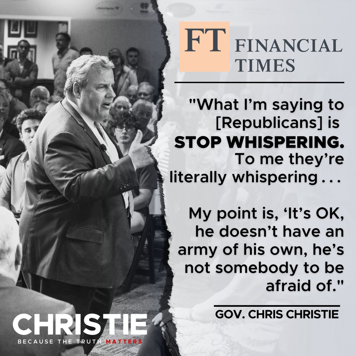 GovChristie's tweet image. Here’s what most Republicans know but are afraid to say in public: 

1. Trump is too self-consumed to ever be an effective president. 

2. He’s been a political failure. 

It’s time we stop whispering this. We can’t be afraid of him if we want to govern.

ft.com/content/8e70ab…