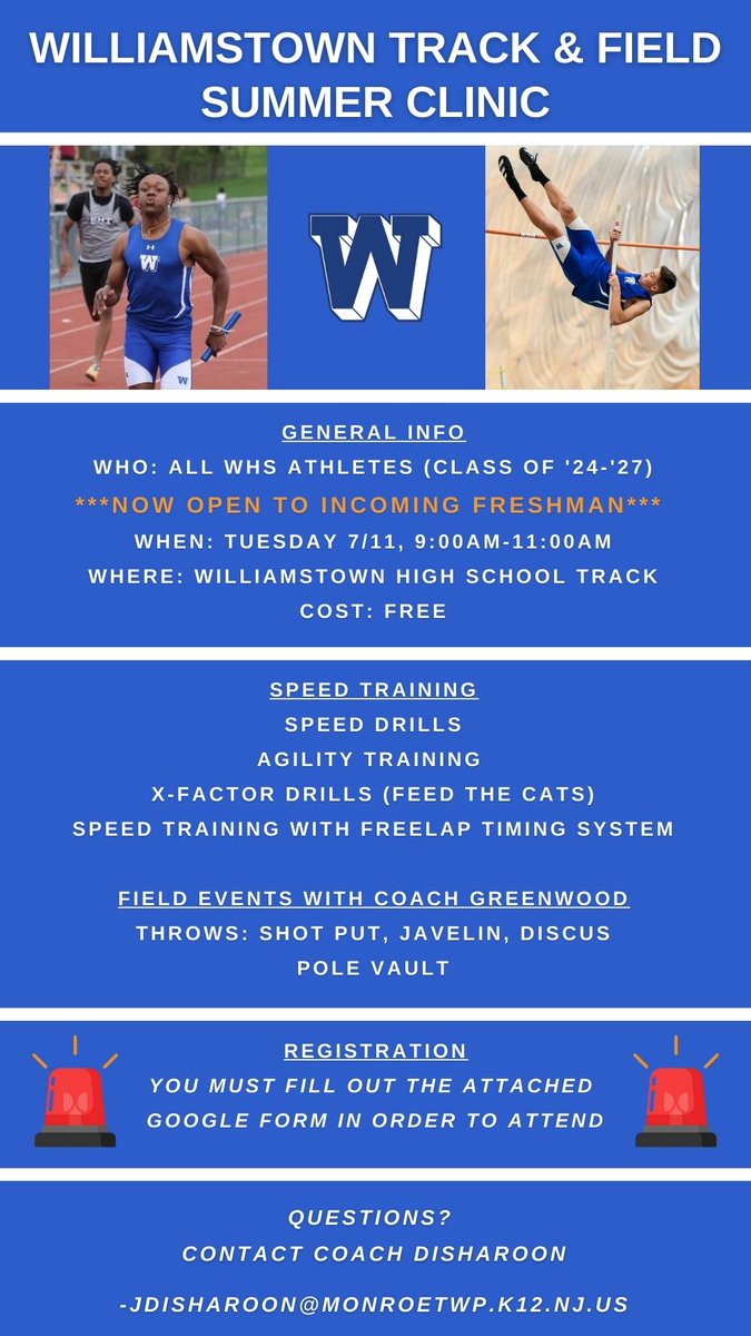 Excited to announce our second clinic of the Summer:

🔵Tuesday 7/11, 9:00am-11:00am
⚪️Open to all WHS altheles
🔵Incoming Freshman now eligible

In addition to speed training, we will be including some field events. 

Sign up below!
