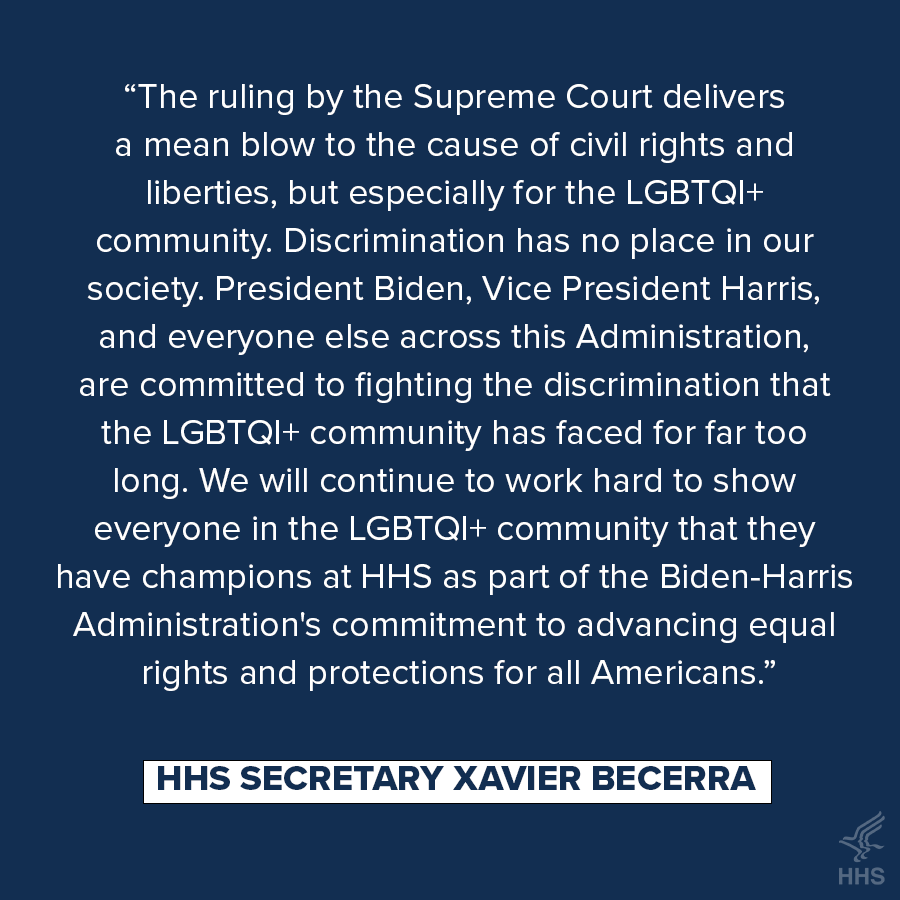 SecBecerra's tweet photo. The ruling by the Supreme Court delivers a mean blow to the cause of civil rights and liberties, but especially for the LGBTQI+ community.
Discrimination has no place in our society. https://t.co/DJwnlqa8ww