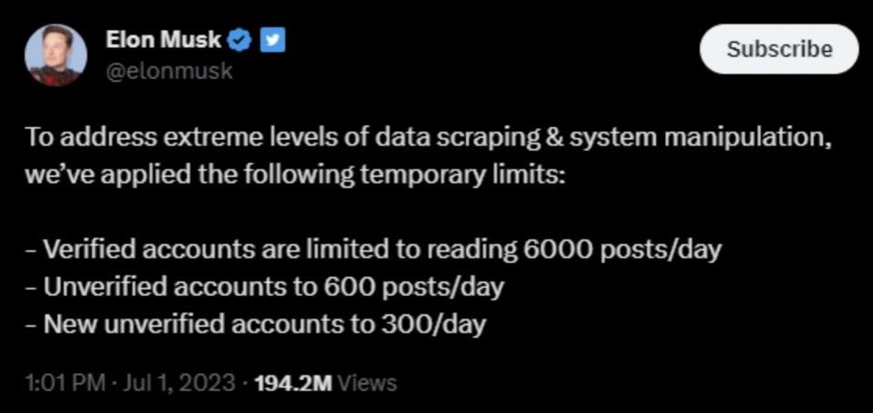 MapleSyrupNews's tweet photo. 🚨 Top Story: Twitter limits how many post you can see* 

#Twitterlimit #TopNews #MapleSyrupNews https://t.co/q8uR7SEpZP