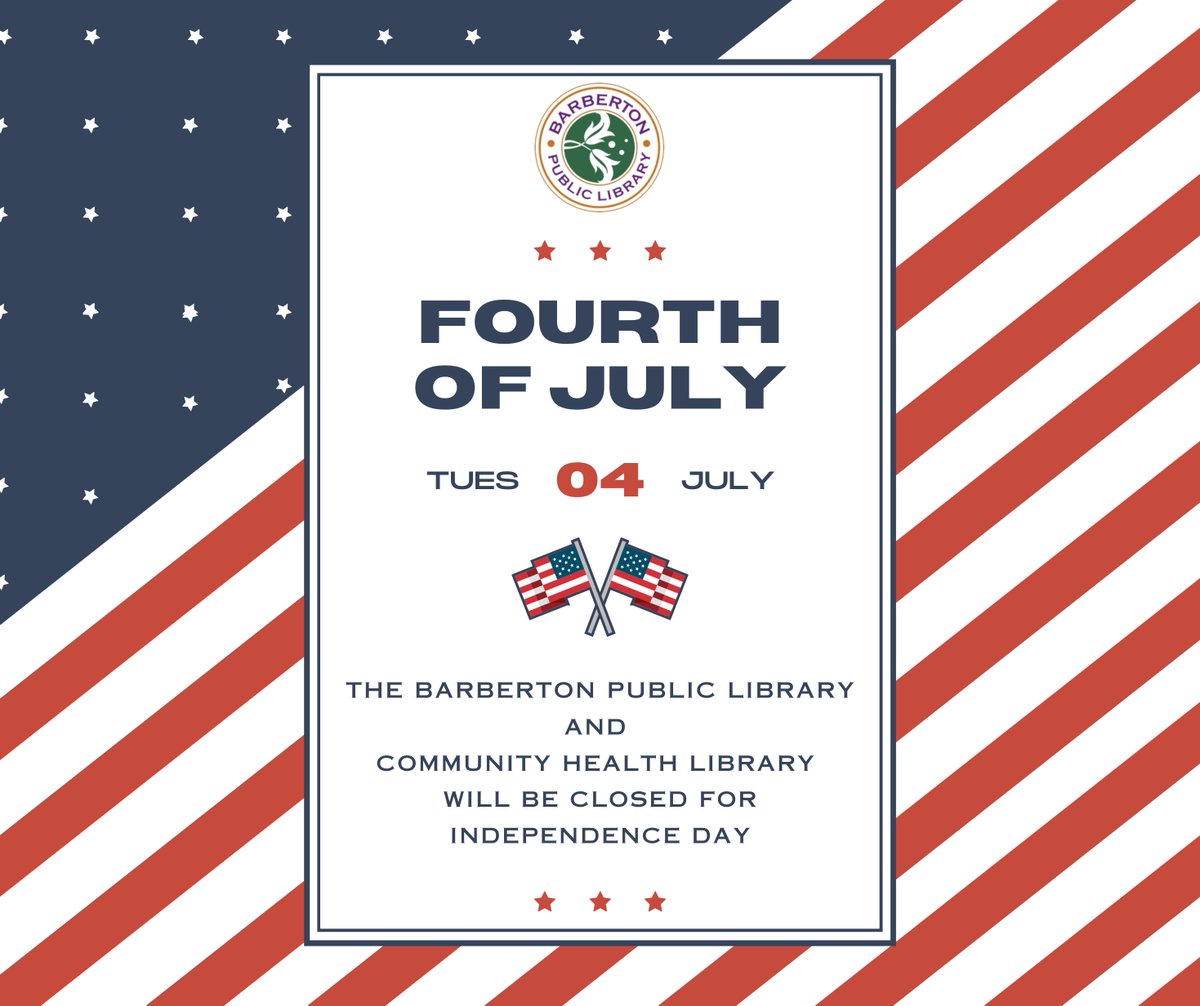 📚🎆 🇺🇸 In celebration of Independence Day, Barberton Public Library will be closed on July 4th. 🗓️ Take this time to enjoy the fireworks &amp; relax with a good book. We'll reopen on July 5th. Have a safe and joyful Fourth of July! 🎇📖 #BarbertonOhio #IndependenceDay #July4th