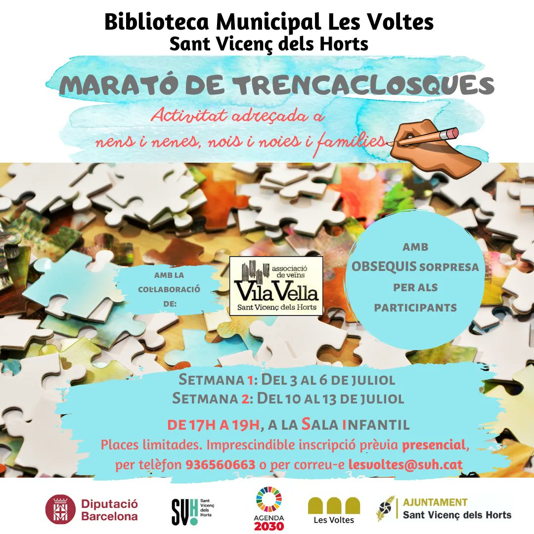 🧩 La <a href="/BiblioLesVoltes/">Biblioteca Les Voltes de Sant Vicenç dels Horts</a> organitza una activitat per a tota la família que us farà ballar el cap! Es tracta d'una marató de trencaclosques, hi haurà obsequis sorpresa! 

Setmana 1: del 3 al 6 de juliol
Setmana 2: del 10 al 13 de juliol

Places limitades!