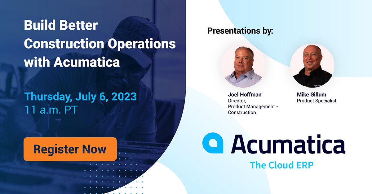 Acumatica connects and streamlines #construction operations with:

✔ Centralized data across your org in a single database.
✔ Comprehensive change mgmt + automatic updates to budgeted costs.
✔ A powerful mobile app.
✔ And more.

Join us July 6: acumati.ca/44kTQyV