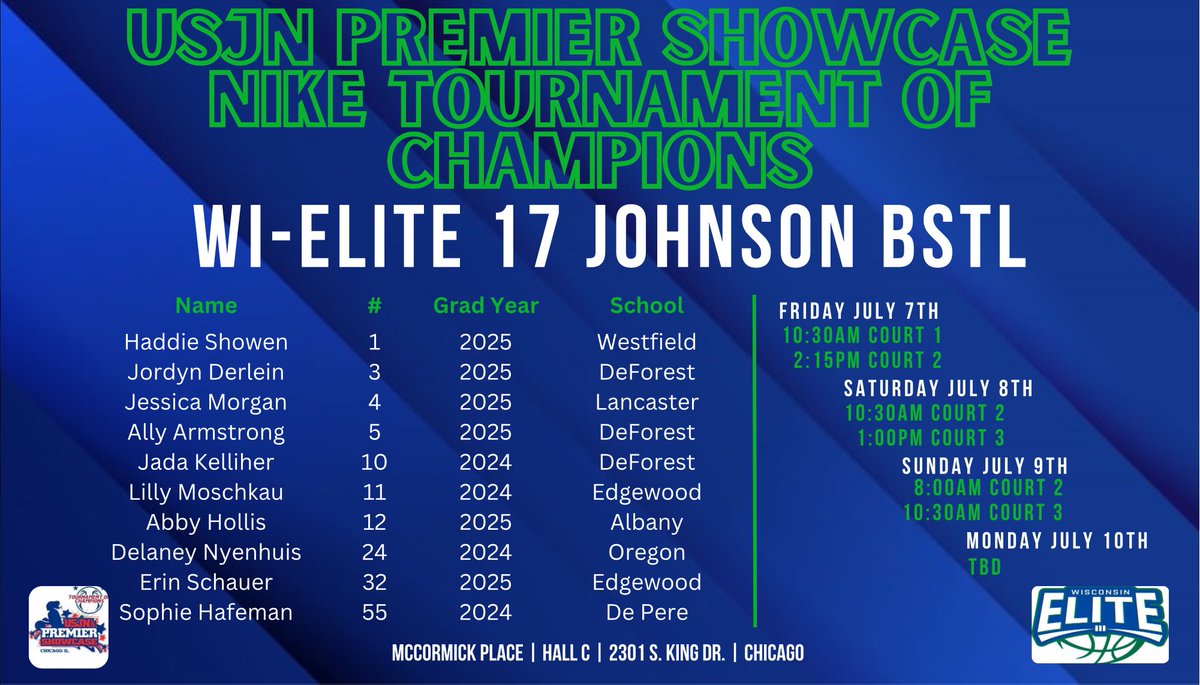 Our on 🔥<a href="/BlueStarBB/">Blue Star Basketball</a> WI-Elite 17 Johnson team will be in action at the <a href="/USJN/">USJN</a> Premier Showcase <a href="/niketoc/">Nike Tournament of Champions</a>. 
<a href="/HafemanSophie/">Sophie Hafeman</a> <a href="/HaddieShowen/">Haddie Showen</a> <a href="/erinnschauer/">Erin Schauer</a> <a href="/jordynderlein/">Jordyn Derlein</a> <a href="/DelaneyN20/">Delaney N</a>  @MorganJessica52 <a href="/AbbyHollis4/">Abby Hollis</a> <a href="/allyarmstrong02/">Ally Armstrong</a> <a href="/lillymoschkau/">Lilly Moschkau</a> <a href="/KelliherJada/">Jada Kelliher</a>