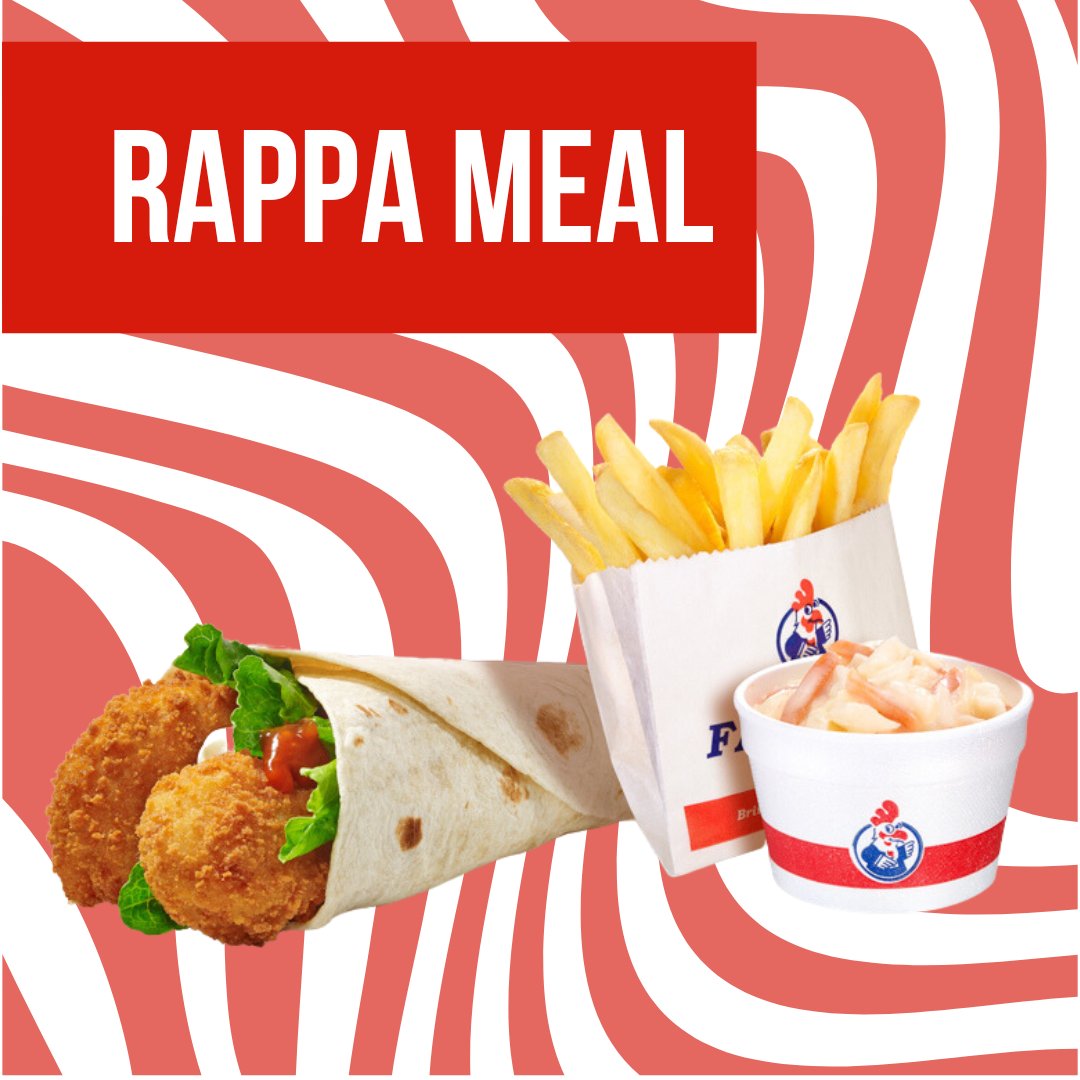 Our Rappa Meal - Crispy Chicken fillet strips, Lettuce &amp; Cool Mayo in a tortilla wrap with Tangy Tomato or Spicy Salsa, served with regular fries and a regular tub side (coleslaw, gravy or BBQ beans).