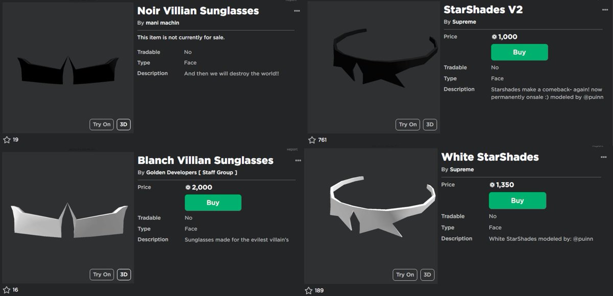 PeakUGC's tweet photo. UGC creator "DinoRbxx" uploaded add-ons for the Starshades (uploaded by "bean0man") to create an almost 1:1 Clockwork's Shades in 2 parts. Why are the Starshades still up in the first place? #Roblox #RobloxUGC https://t.co/YaNAGyWrdl