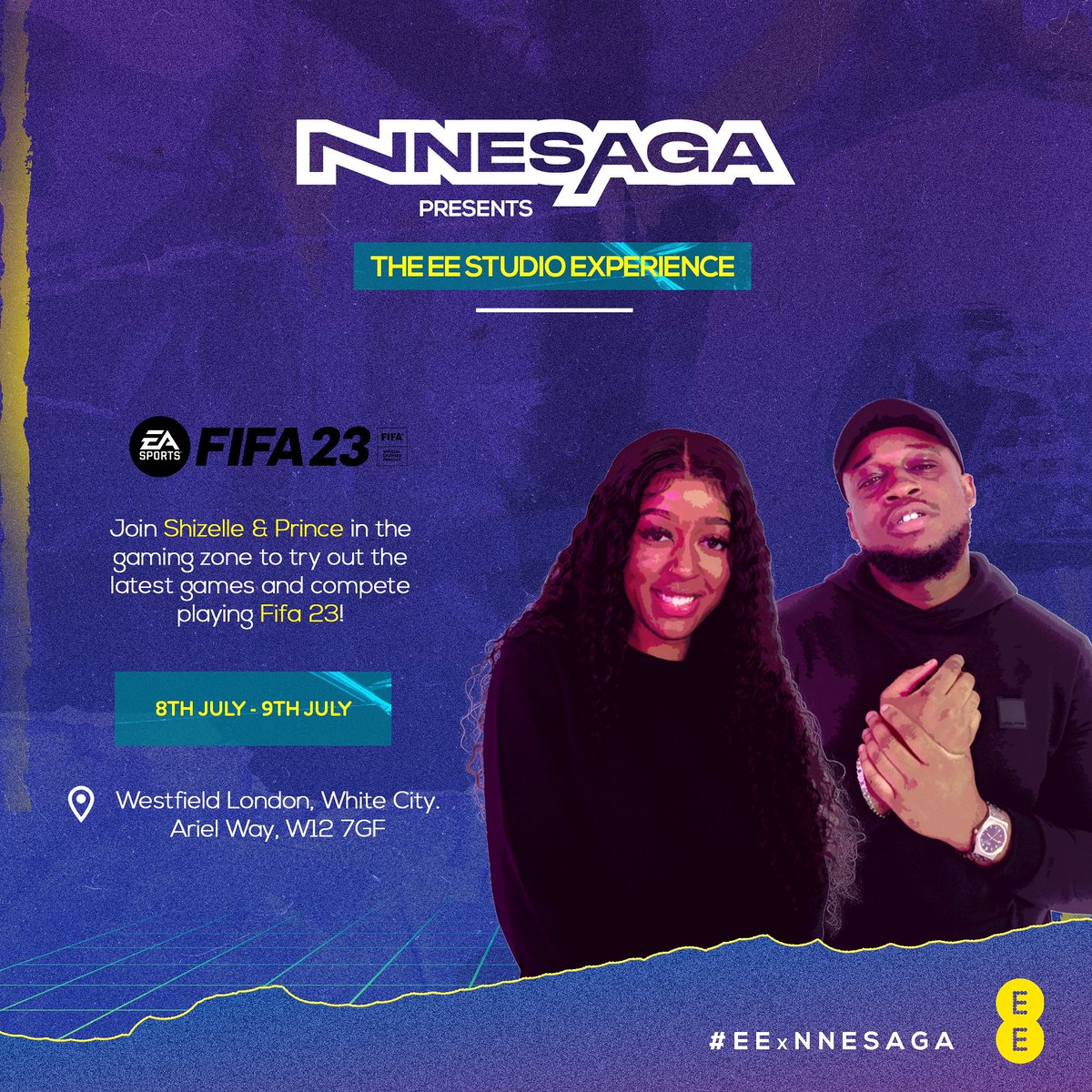 nnesaga's tweet photo. 🚨 Get ready for the GRAND FINALE! ⚽

For the final week of the #EExNNESAGA takeover, we're playing #FIFA23! ⚽️

Join hosts @shizelle_ and @Prince_LNF at the #EEStudio in @westfieldlondon for your chance to win huge prizes!

🗓 Sign-up now! ⬇️

🎟️https://t.co/NVzB7XIoLf
@EE https://t.co/VNY03gJN5Y