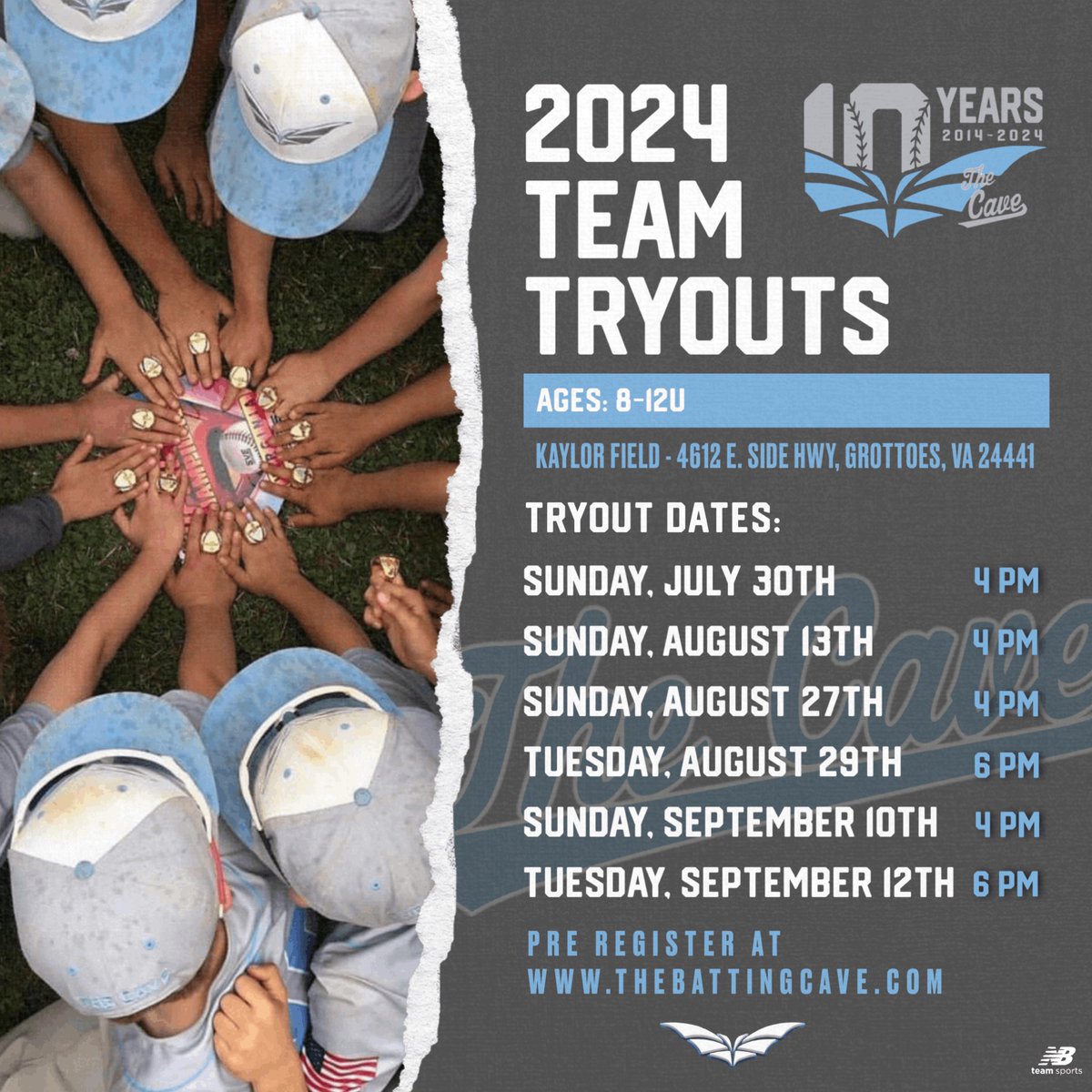 *CAVE BASEBALL 8-12U*
*TRYOUT DATES ANNOUNCED*

Come join the areas largest most successful developmentally focused travel program!

Pre-Register today at thebattingcave.com!