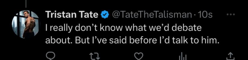Tristan Tate (<a href="/TateTheTalisman/">Tristan Tate</a>) agrees to have a discussion with America First activist Nick Fuentes. 

Follow: <a href="/AFpost/">AF Post</a>