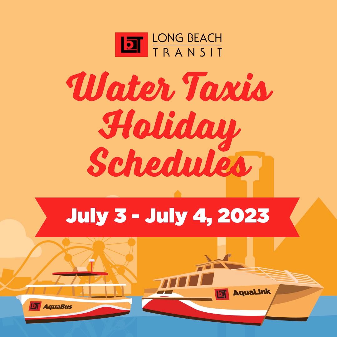 lbtransit's tweet photo. The #LBT special water taxis holiday schedules for Monday, July 3, 2023, to Tuesday, July 4, 2023, are live.
To plan your seaside sail with #LongBeachTransit, visit https://t.co/5LZ4eDvd6D to view holiday changes to AquaLink and AquaBus departures.
#LBTAlert https://t.co/ADnO3YsaDA