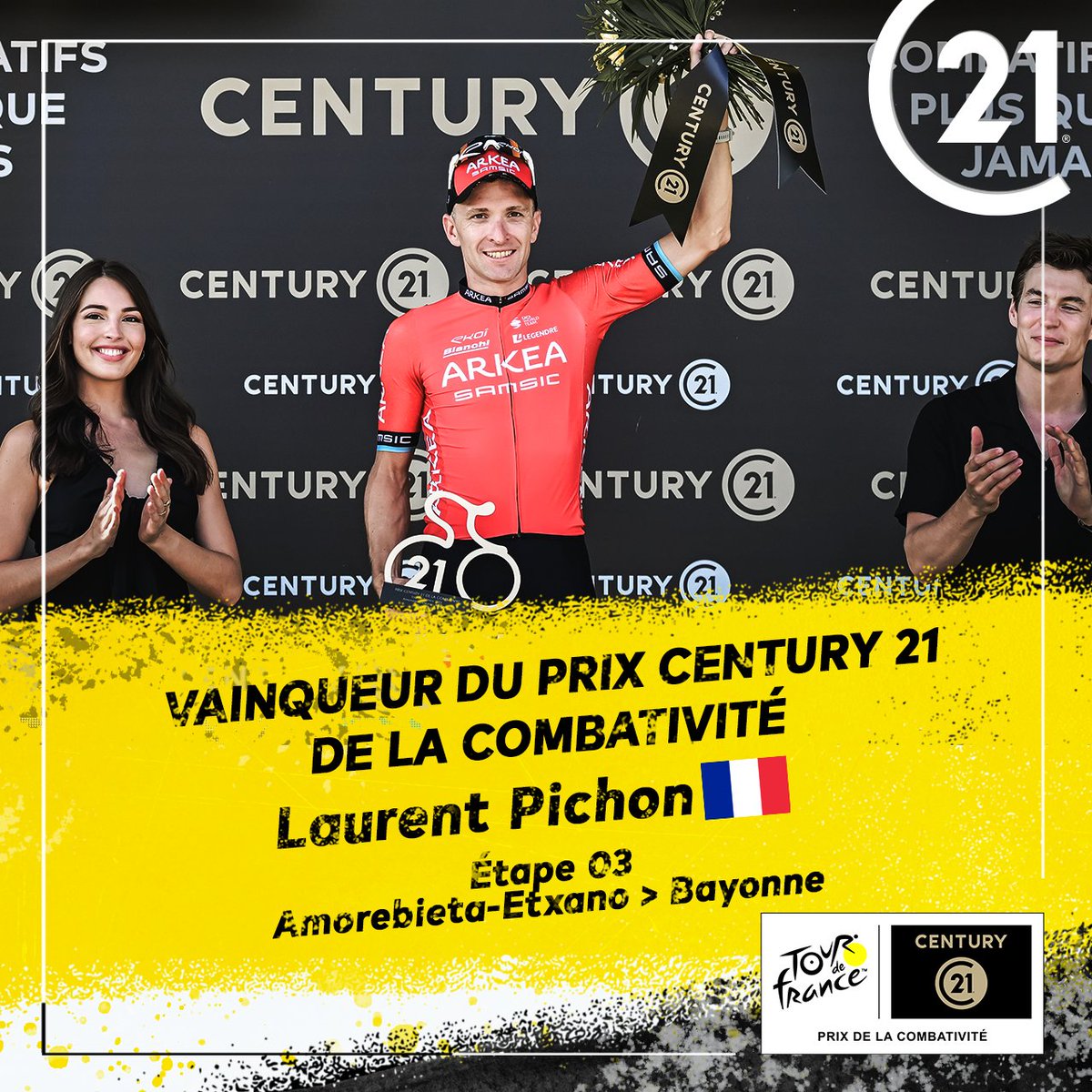 century21fr's tweet photo. #TDF2023📷 | 🇫🇷
@lauPichon est le vainqueur du Prix CENTURY 21 de la Combativité sur l’étape 3 @LeTour. 
Le choix du jury s’est porté sur le coureur de l’équipe
@Arkea_Samsic parce qu’il a été échappé pendant plus de 150km. https://t.co/w5In4mqOOJ
