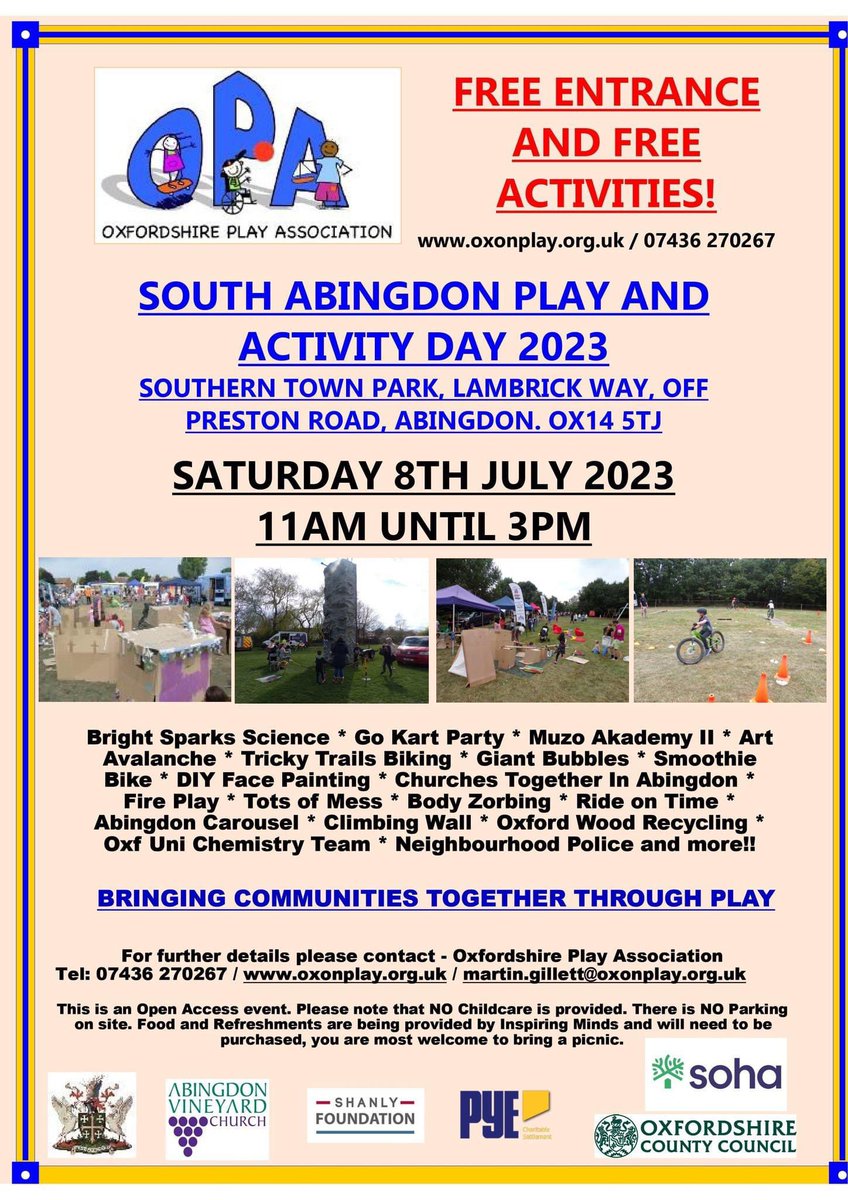 OxonPlay's tweet photo. We are very much looking forward to seeing everyone in South Abingdon for our Annual Playday event this Saturday 👍 we have almost 30 different activities booked and Entrance and Activities are all FREE! 💪 @AbCarousel @AbingdonTC @SohaHousing @sovereignha @actsoxfordshire https://t.co/I2JmRd788B