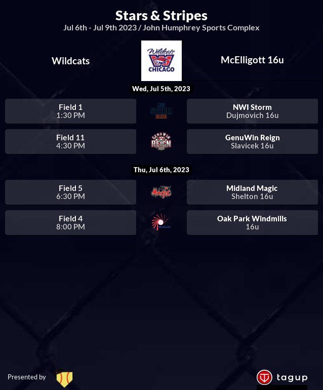 MGWildcats's tweet photo. Coaches, check out our schedule at the Stars &amp; Stripes!! **1:30pm game’s at Centennial Park** @DaveBetcher1 @tagupSoftball @NCAASoftball @WildcatsChicago https://t.co/QtRX7bMtsN