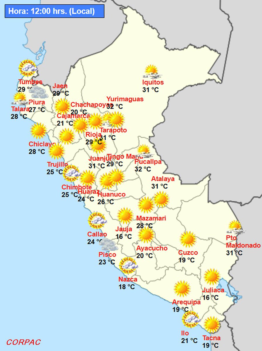 Asismet_IF's tweet photo. #ASISMET te da #ElTiempo meteorológico 🇵🇪
☀️🌤️⛅️🌥️☁️
Temperaturas actuales a nivel nacional reportados por los aeropuertos a las 12:00 con imágenes satelitales en tiempo real. https://t.co/WCsHTWzlbN