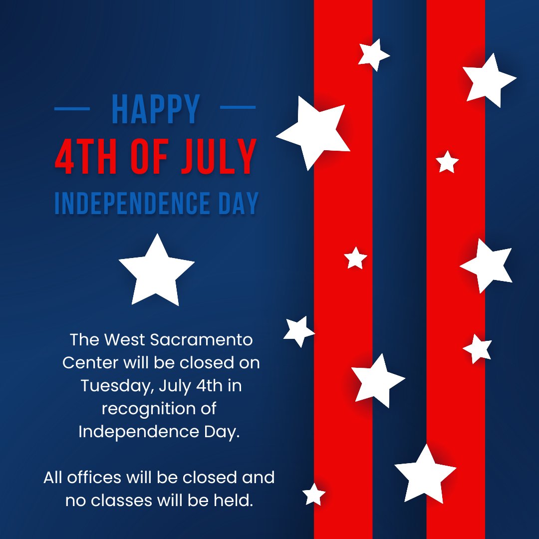 WestSacCenter's tweet photo. The West Sac Center will be closed Tuesday, July 4th in recognition of Independence Day. In-person and remote services will be available again starting Wednesday, July 5th. https://t.co/G155JxtQN2