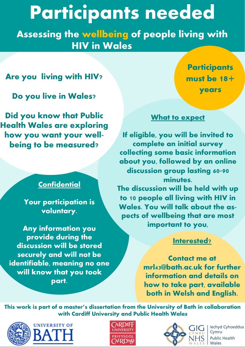 Are you living with #HIV in Wales? Would you like to have your say in the development of a new wellbeing measure? If so, please consider taking part in this project - run by Cardiff University in collaboration with Public Health Wales. Email mrl43@bath.ac.uk to find out more. 👇