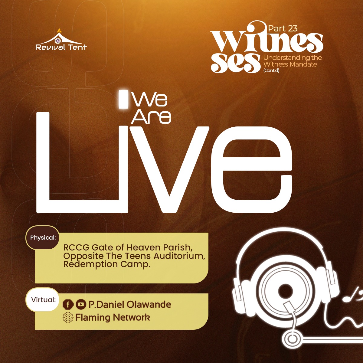 pdanielolawande's tweet photo. REVIVAL TENT IS LIVE | WITNESSES PART 23

Join us live via any of the links below 🔥

Facebook:
https://t.co/7eDDnRAyxF

Mixlr:
https://t.co/FDwoaMBFJt

Youtube : https://t.co/MeI3oeCOVD

#RevivalTent
#Witnesses https://t.co/ObO3x89Kap