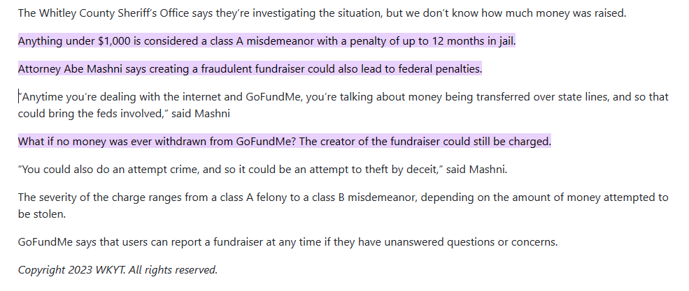 kuihman's tweet photo. GoFundMe scams are not only against the TOS of the website, but can also be considered fraud. This can rise to the level of a felony, as outlined below. WE DEMAND ANSWERS. #TOOTHGATE https://t.co/h7kYzeyZ7A