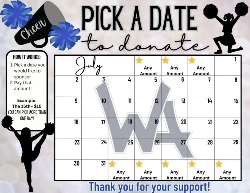 CheerWah's tweet photo. Please donate to cheer! 

Pick a day, donate the $ amount for the day you picked.  For example, pick day 10, donate $10.  This calendar is to support any &amp; all WAHS cheerleaders that do not have the resources to fundraise.  Ty for your support!  Any &amp; all donations accepted. https://t.co/hLXMvNo1HH
