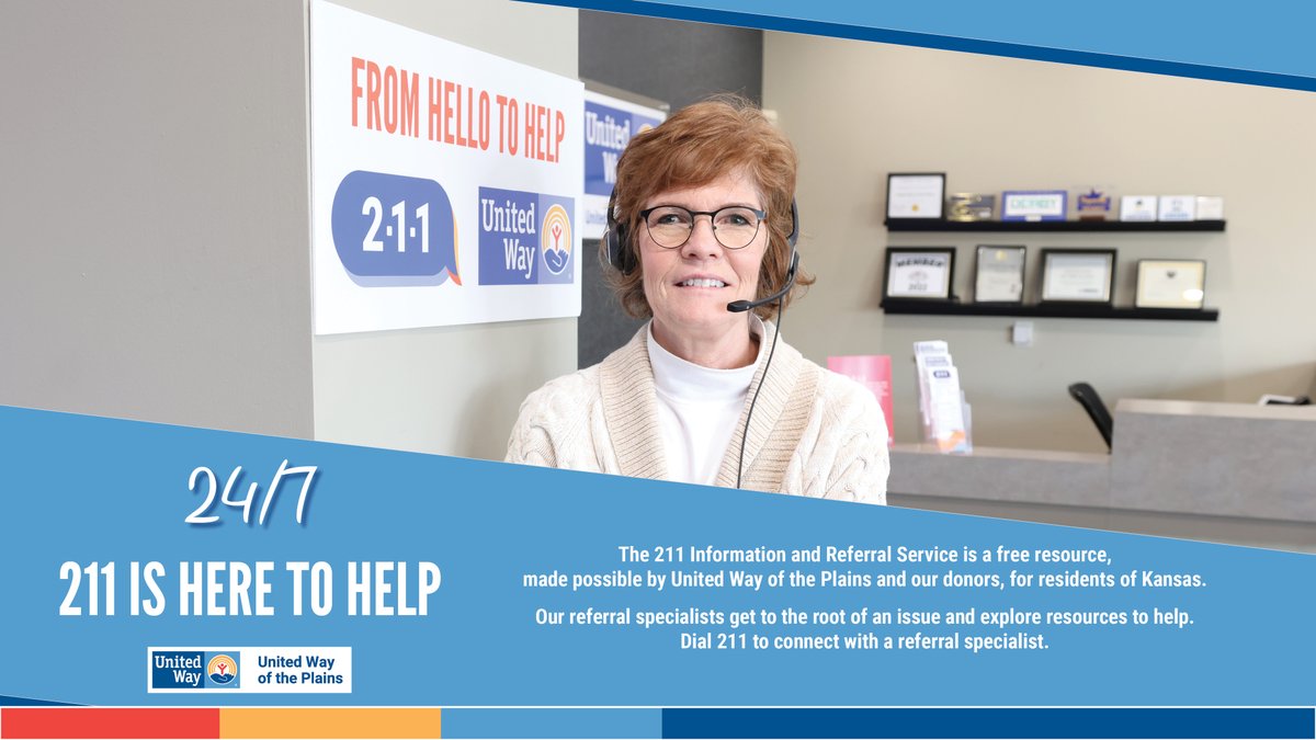 Trouble doesn't take a day off, and neither do we. 
Our 211 Information and Referral Service is staffed 24/7 to help residents of Kansas with knowledge about resources available to help someone through a difficult situation. Help is a phone call away!
#LiveUnited #UWP100