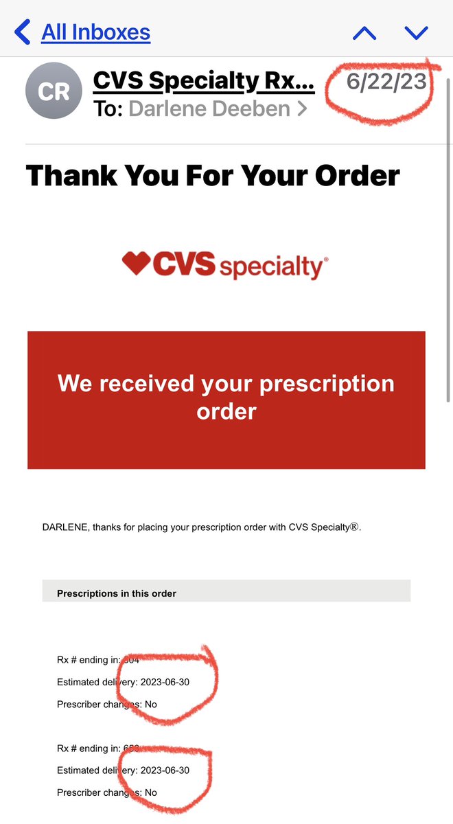 DarleneDeeben's tweet photo. I’m SO disappointed in cust svc at CVS Speciality Pharm @cvspharmacy!!! I placed my refill order on 6/22/23 and they confirmed shipment for 6/30/23. On 6/29, they tell me I’ll have to pick another date for delivery bc of the 4th. So now I’ll miss a dose which I’m not supposed to. https://t.co/C6vTanLWbv