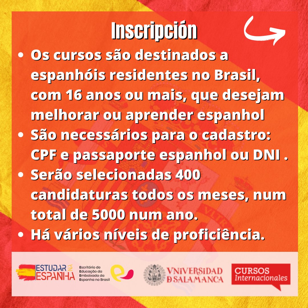 consejeriabr's tweet image. Se você tem nacionalidade espanhola, e 16 anos ou mais, e deseja conhecer ou aprimorar seu conhecimento da língua espanhola agora tem a oportunidade de fazê-lo com @CursosInt_USAL da @usal , que oferece um curso GRATUITO para os espanhóis residentes no Brasil.
