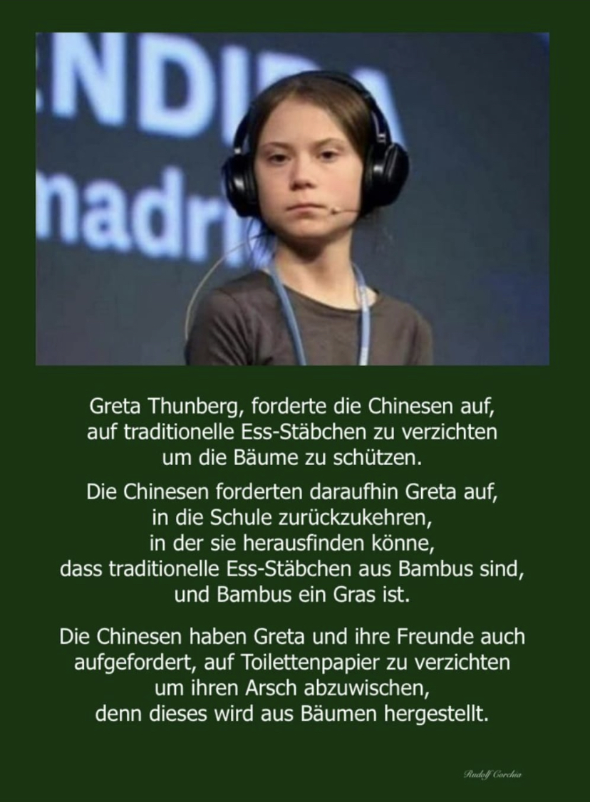 Dringend Schulstoff nachholen oder Allgemeinwissen autodidaktisch aneignen. Das lohnt sich auch noch im Alter von 20, Greta! 

Absolut kontraproduktiv für die Sache, solche kulturellen Diffamierungen.

China ist eine industrielle Dreckschleuder - aber sicher nicht wegen seiner
