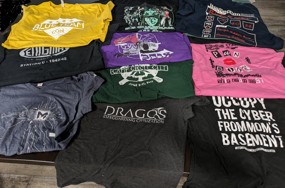 Hello. 

We have a giant collection of women's clothing (all sizes are small). We received them via an anonymous donor who requested we give them away to women interested in cyber security.

- Dragos swag
- Metasploit swag
- Blue Team con swag
- ???

Comment what shirt you want.