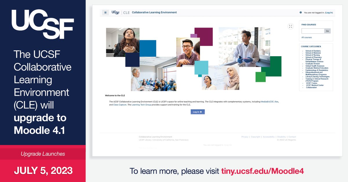 UCSF Diversity (@ucsfodo) on Twitter photo Reminder: The <a href="/UCSF/">UC San Francisco</a> CLE will upgrade to Moodle 4.1 on Wednesday, July 5, 2023 You can now access training & help resources, including a student orientation presentation, to help prepare for the upgrade. To access all training resources, visit tiny.ucsf.edu/Moodle4Reminder Reminder: The <a href="/UCSF/">UC San Francisco</a> CLE will upgrade to Moodle 4.1 on Wednesday, July 5, 2023 You can now access training & help resources, including a student orientation presentation, to help prepare for the upgrade. To access all training resources, visit tiny.ucsf.edu/Moodle4Reminder