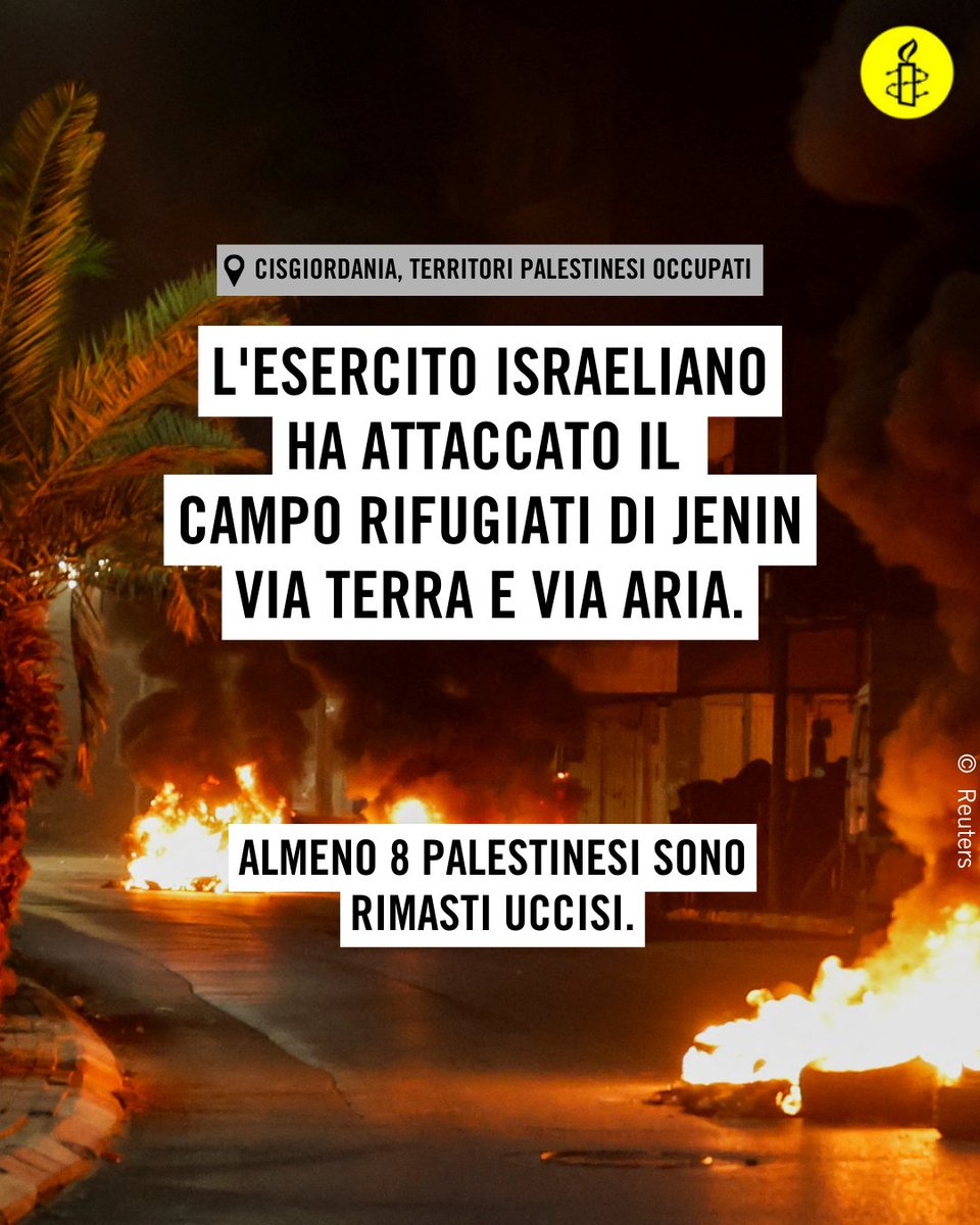 amnestyitalia's tweet photo. L'esercito israeliano ha attaccato il campo rifugiati di #Jenin. Sono almeno otto i palestinesi rimasti uccisi.
Basta attacchi, fermare l'apartheid di Israele contro la popolazione palestinese. https://t.co/LGHzDP7rLp