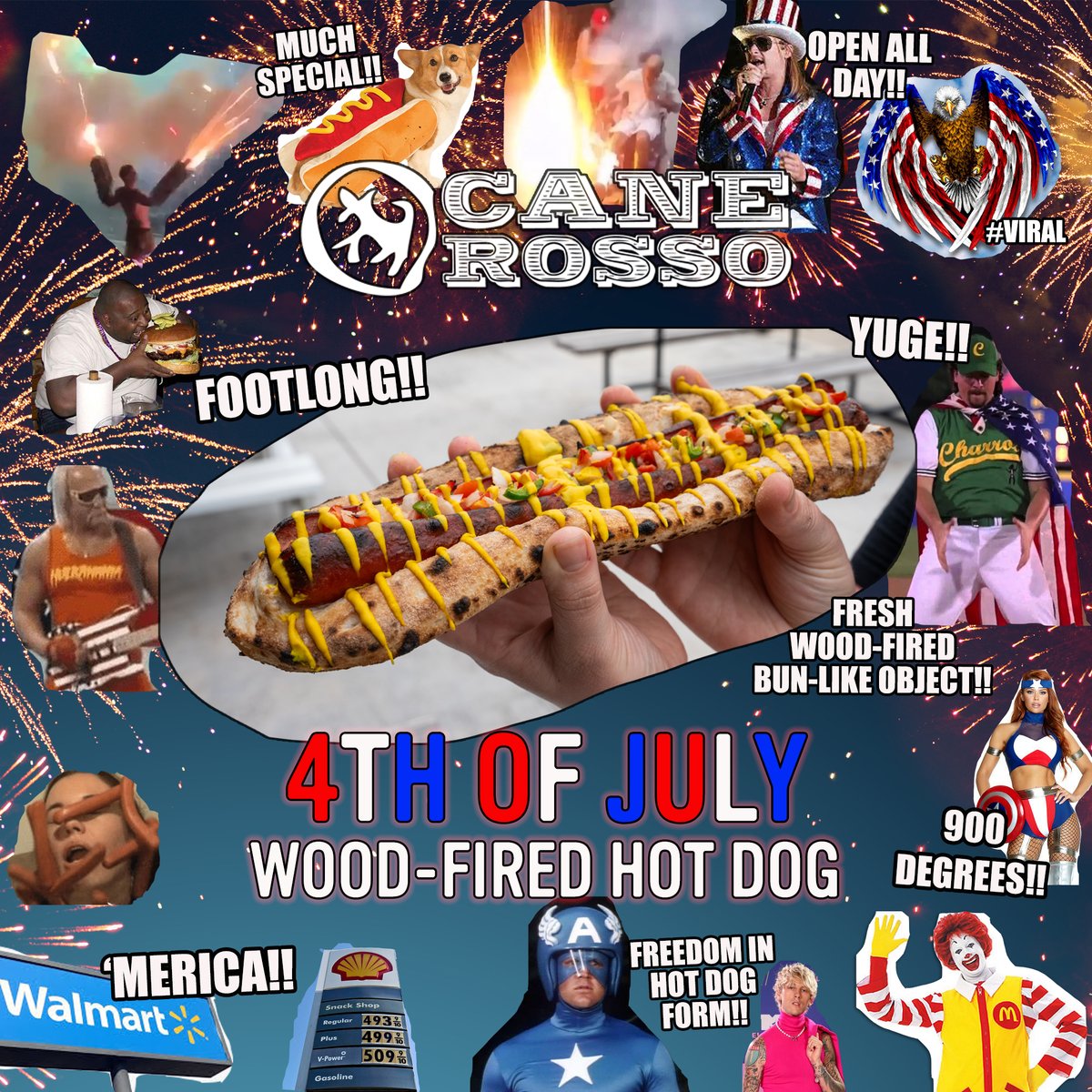 canerosso's tweet photo. BACK UP, TERRY!! Play it safe this July 4th &amp; get Cane Rosso's first ever wood-fired HOT DOG!! We are open normal hours this July 4th with tons of pizza, half priced wine all day long, AND a wood-fired hot dog with housemade bread, housemade relish, &amp; mustard on special 🔥🌭🍕🤝 https://t.co/0Kap9ruOfJ
