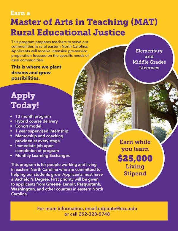 If you have a bachelor's degree and an interest in teaching, East Carolina University has opened a door for you with this earn-while-you-learn program aimed specifically at Lenoir and other eastern NC counties. The deadline is near, so check this opportunity out now.