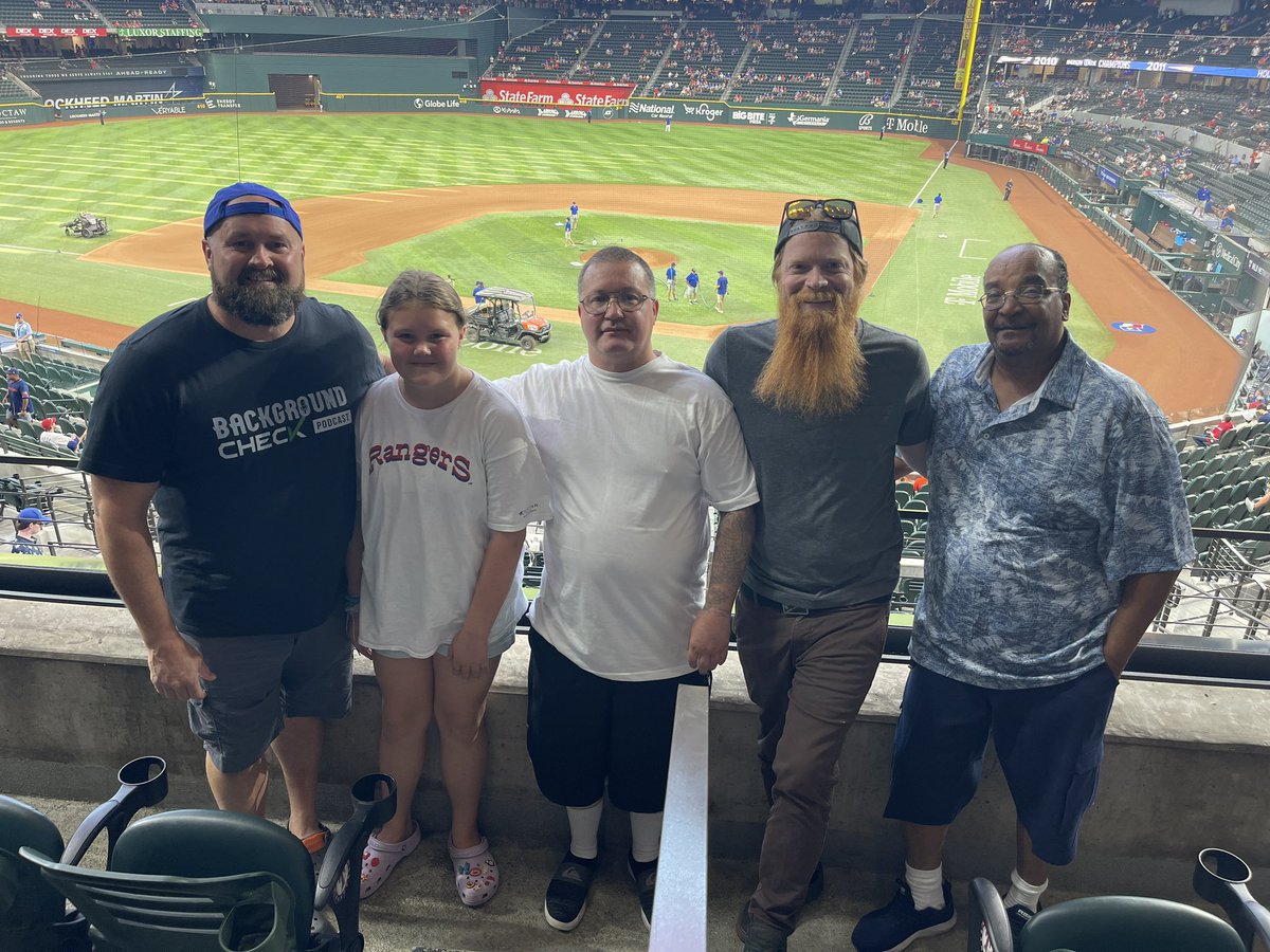 forgivenfelon's tweet photo. Daddy daughter date…….

with a few forgiven felon friends. 

Today, section 112 is the Forgiven Felons section. 

#forgivenfelons #GoRangers https://t.co/RlXUpYFXUH