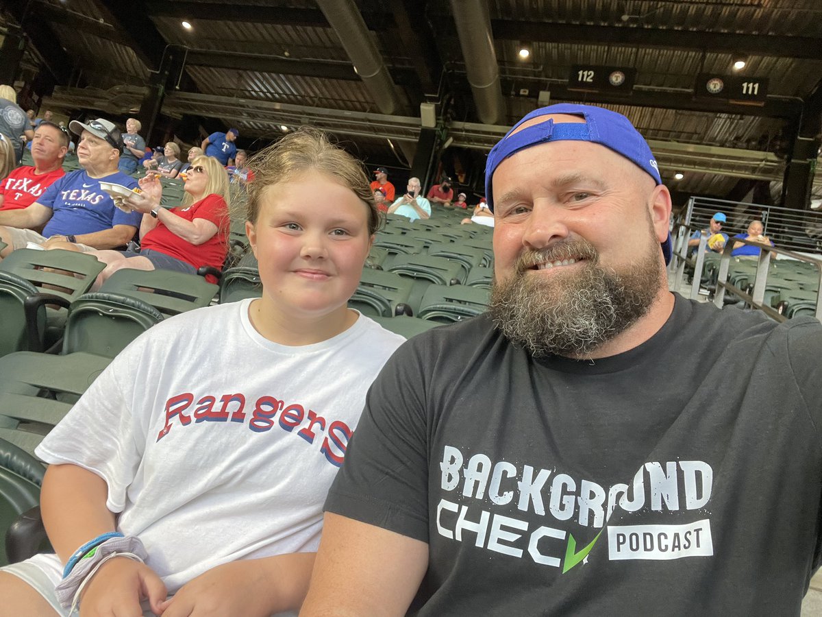 forgivenfelon's tweet photo. Daddy daughter date…….

with a few forgiven felon friends. 

Today, section 112 is the Forgiven Felons section. 

#forgivenfelons #GoRangers https://t.co/RlXUpYFXUH