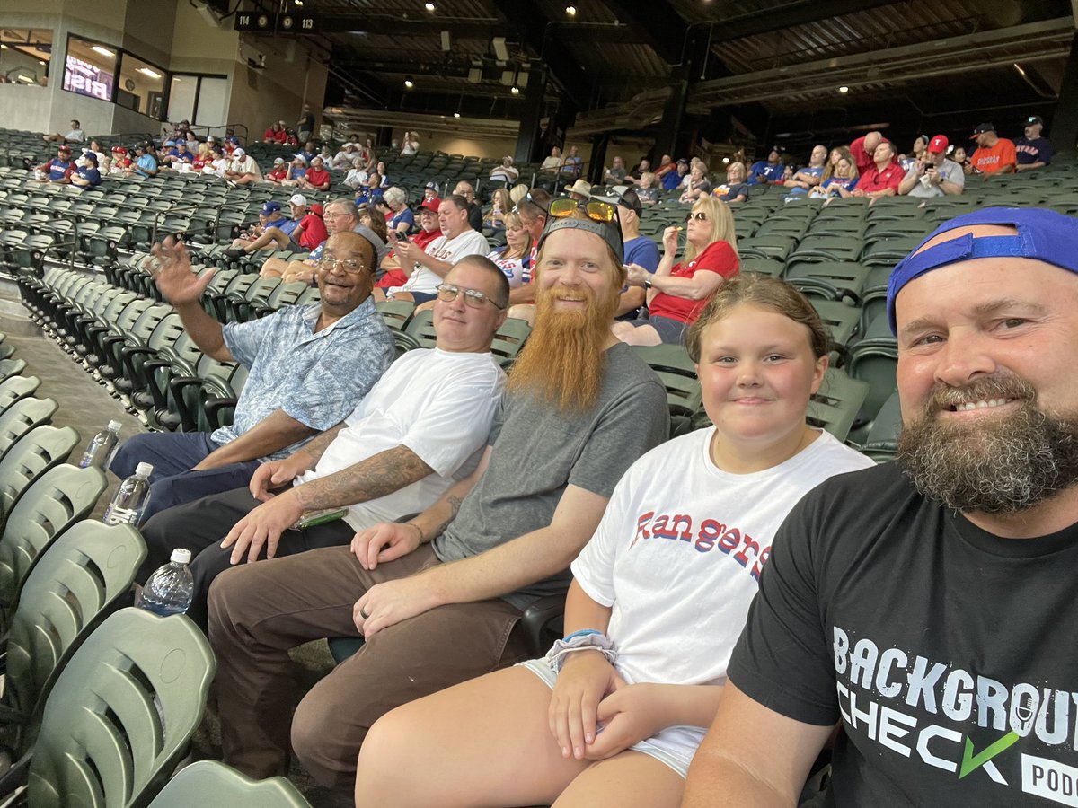 forgivenfelon's tweet photo. Daddy daughter date…….

with a few forgiven felon friends. 

Today, section 112 is the Forgiven Felons section. 

#forgivenfelons #GoRangers https://t.co/RlXUpYFXUH