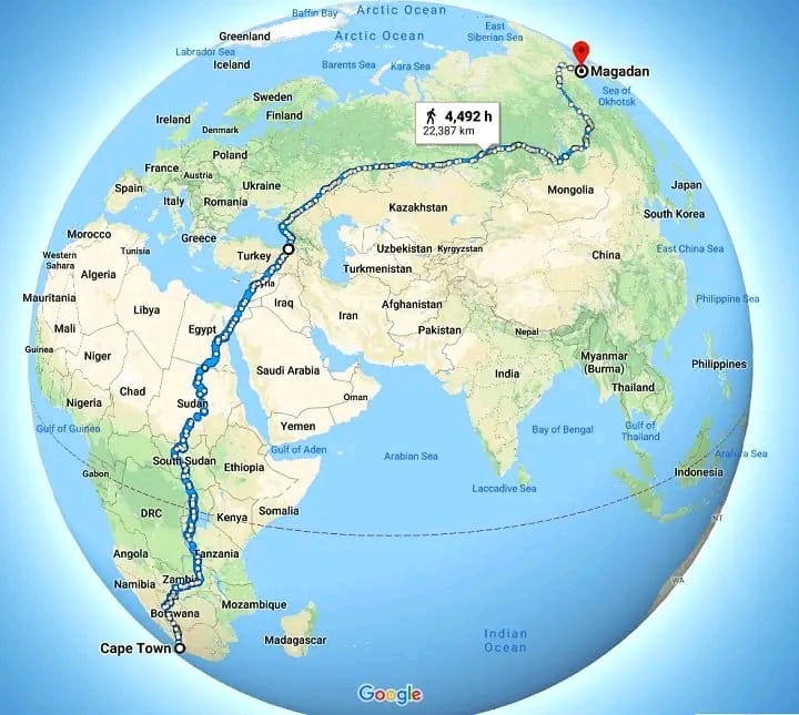 AfricaFactsZone's tweet photo. You can walk from South Africa to Russia!

The world's longest walkable distance without crossing the ocean is from Cape Town, South Africa to Magadan, Russia.

The total distance is 21,808 km, and would take 4,492 hours to cover, which is 187 days of non-stop walking. https://t.co/9LNzrqgvk4