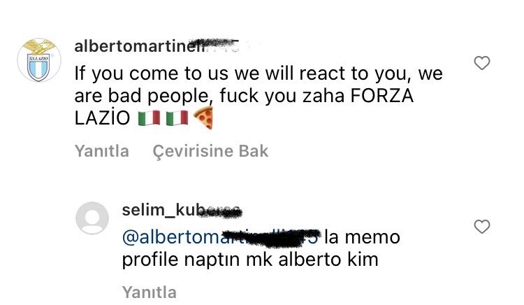 UltrasTurkish's tweet photo. Fenerbahçeli bir taraftar profil fotoğrafını, kullanıcı adını değiştirip kendini Lazio taraftarı gibi göstererek Zaha'nın fotoğrafına kötü yorum attı. https://t.co/WVNQeUUaUn