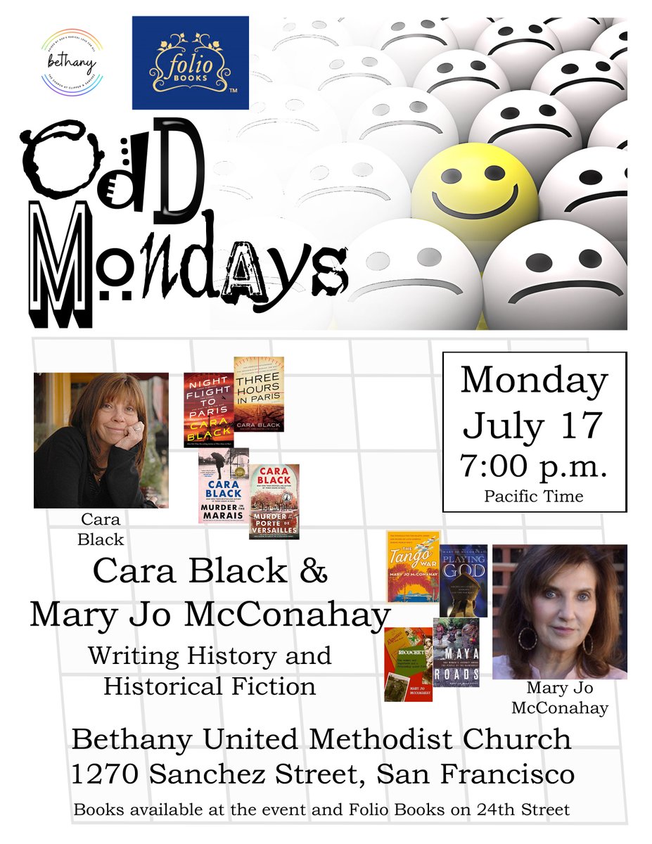 Join us for Odd Mondays 2 weeks from today on July 17 from 7pm to 8pm for readings &amp; literary discussion with 2 masters of the writing craft: <a href="/carablack/">carablack #Huguette</a>, award-winning novelist, &amp; well-respected journalist and historical author @MaryJoMcConahay. 1270 Sanchez in Noe Valley. Free.